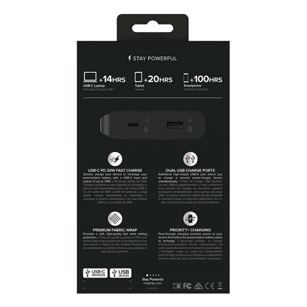 Pin Sạc Dự Phòng Mophie Powerstation USB-C-XXL 19500mAh Tích Hợp USB Type C In/Out Hỗ Trợ Sạc Nhanh Power Delivery 30W 4132-BLK-I - Hàng Chính Hãng