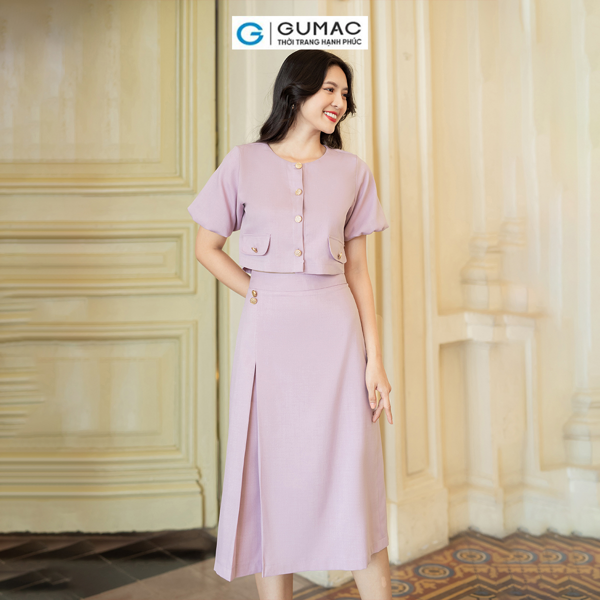 Set lẻ Áo ngắn tay bí thời trang GUMAC AD07011 - Chân váy A xếp ly thời trang GUMAC VD07012