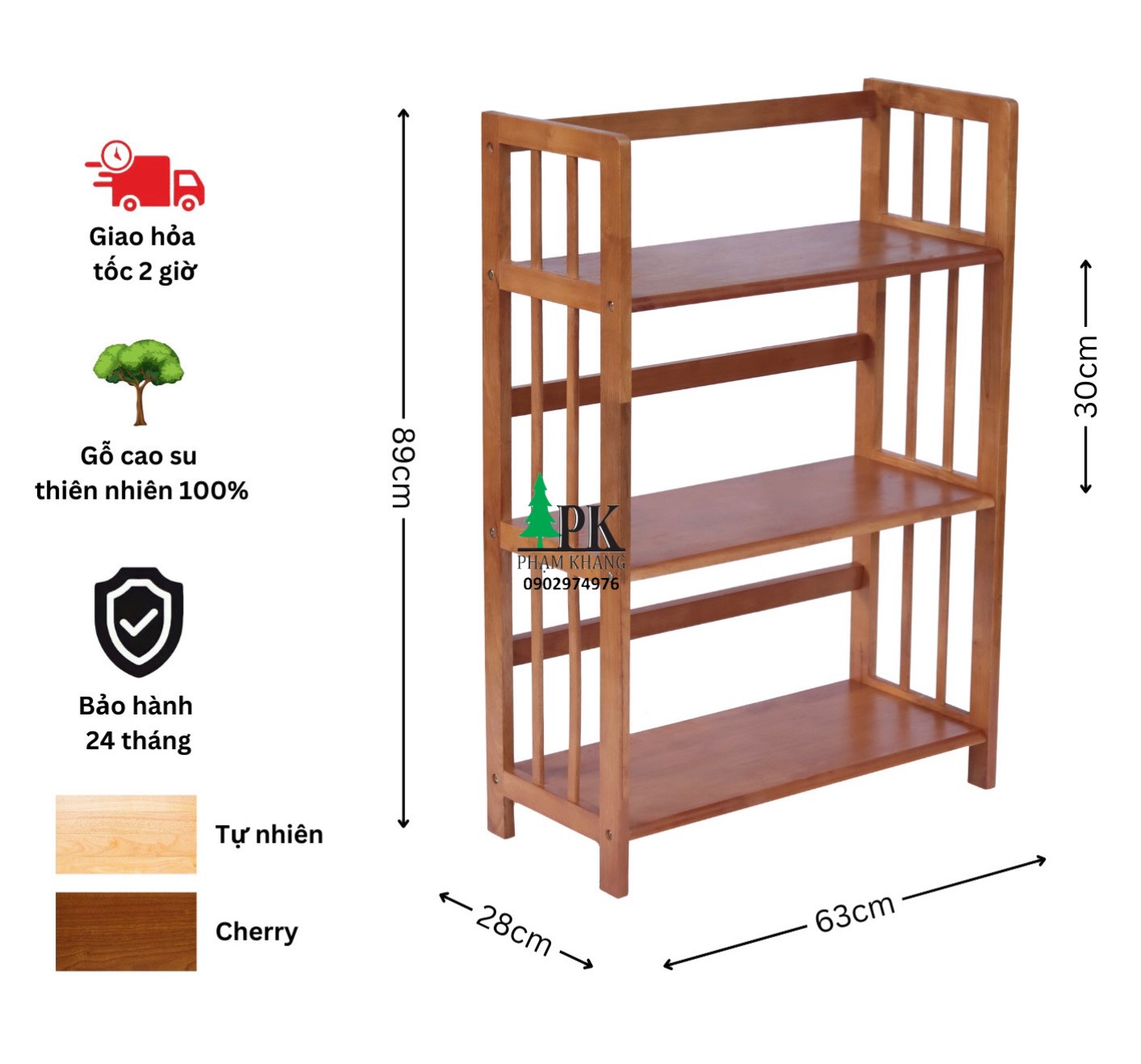 Kệ sách gỗ Phạm Khang 3 tầng rộng 64cm màu vàng cherry