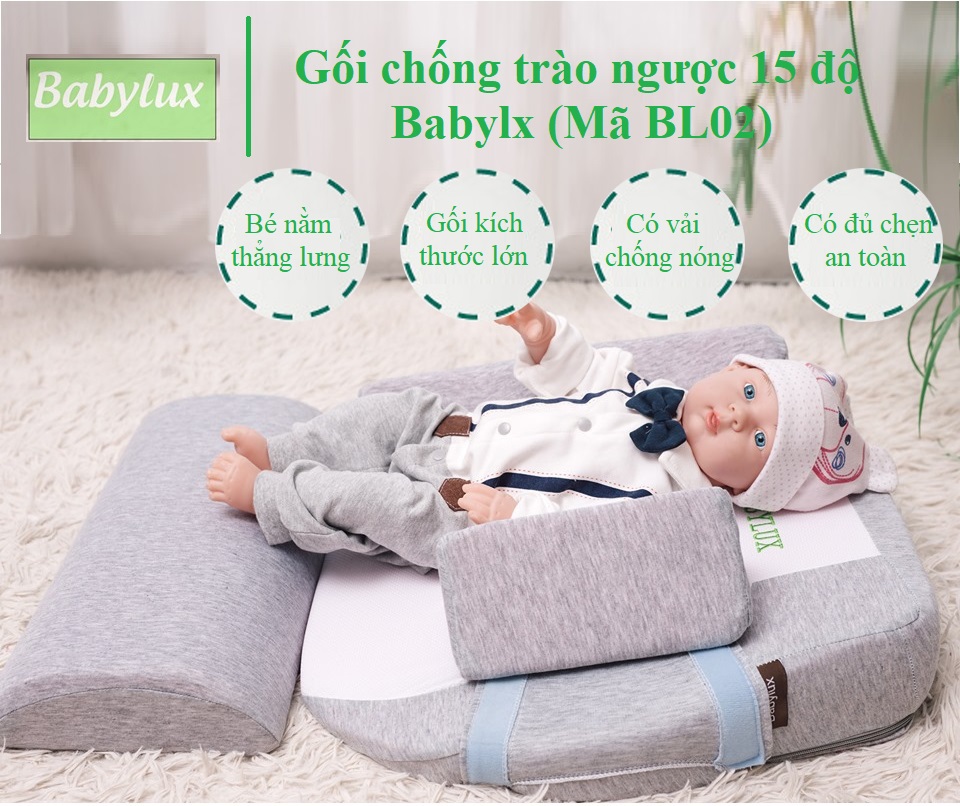 Gối chống trào ngược 15 độ babylux ( Mã BL02 - phiên bản cải tiến: kích thước lớn, có đủ chẹn chân & chẹn 2 bên)- dùng cho bé 0-36 tháng