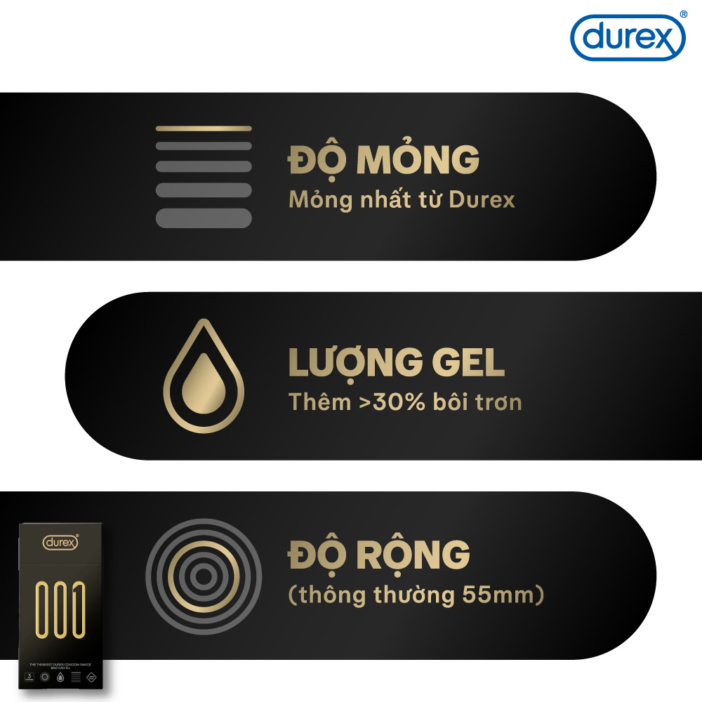 [Mới] Bao cao su Durex 001 Siêu Mỏng, Hộp 3 Bao Mới Ra Mắt