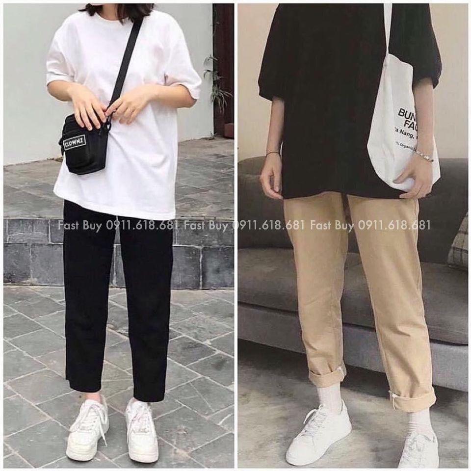 Quần dài kaki nam nữ ống suông basic - Kiểu quần baggy đen trơn ống rộng unisex