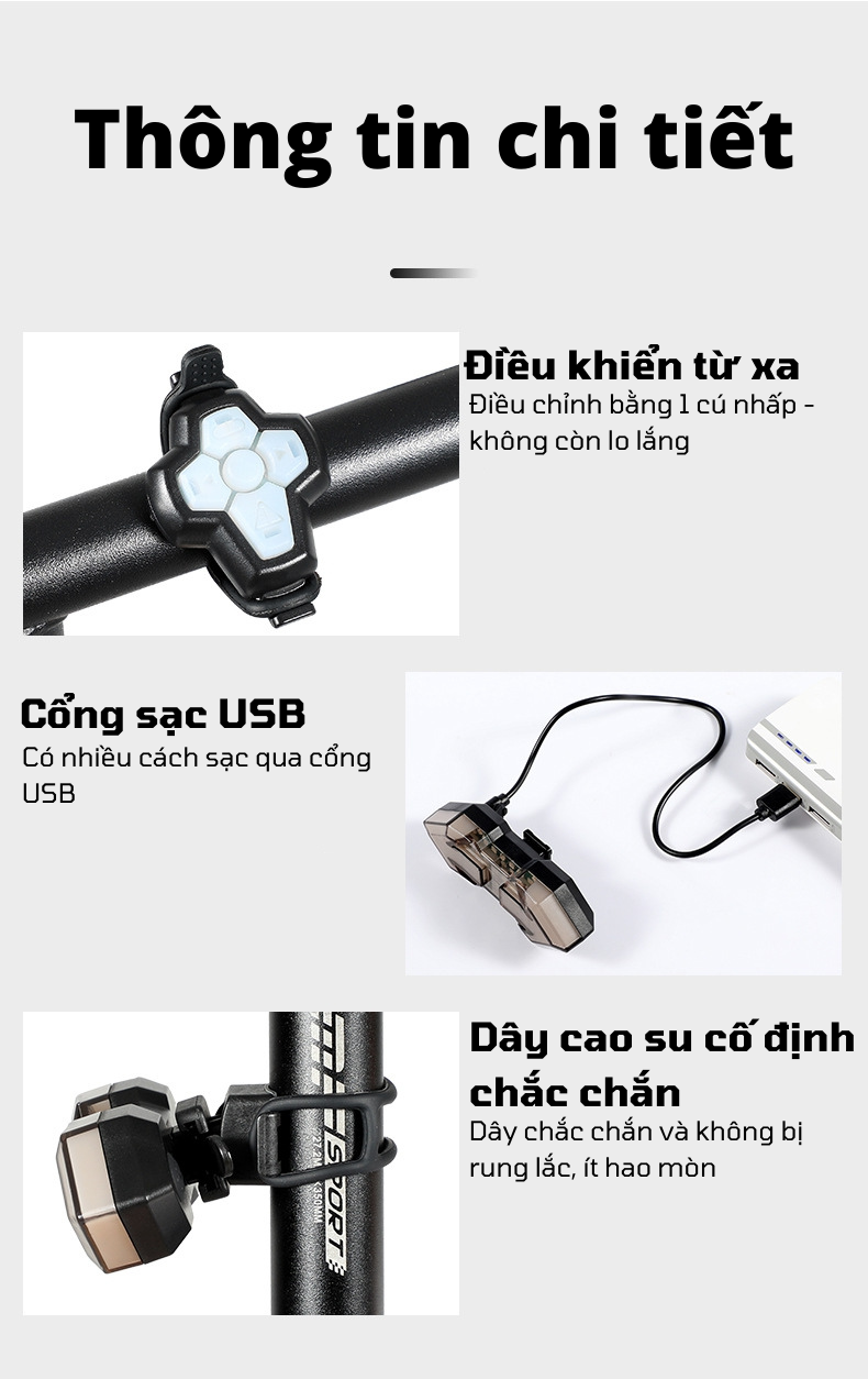 Hình ảnh Đèn LED xi nhan xe đạp điều khiển từ xa WB01, cổng sạc USB - Pin 500mAH - khả năng đi mưa cực tốt