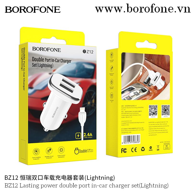 Bộ Sạc Dành Cho Borofone 2 Cổng Usb Trên Ô Tô Cổng LN Cho IP BZ12 2.4A Hàng Chính Hãng