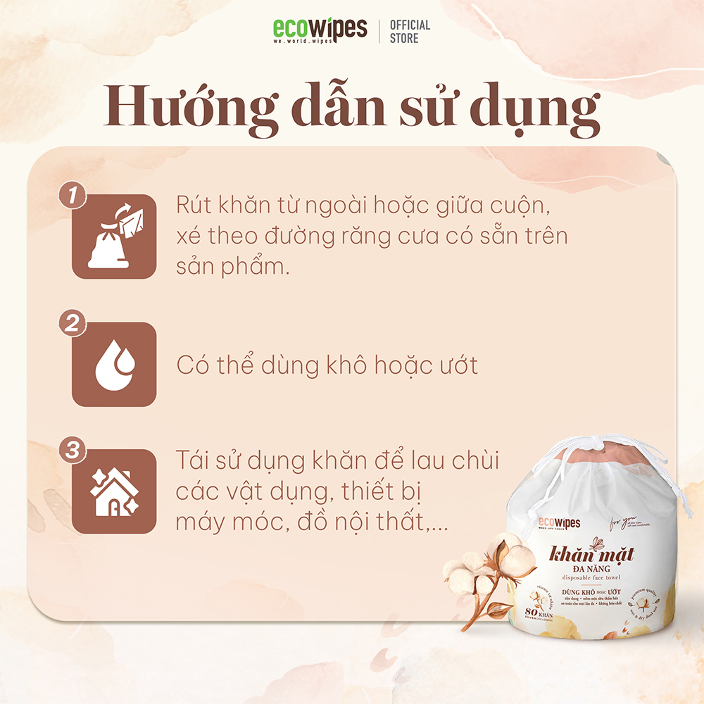 Khăn mặt khô đa năng Ecowipes cuộn 80 tờ size khăn 20x20cm dùng 1 lần lau khô lau ướt giấy lau mặt dùng một lần