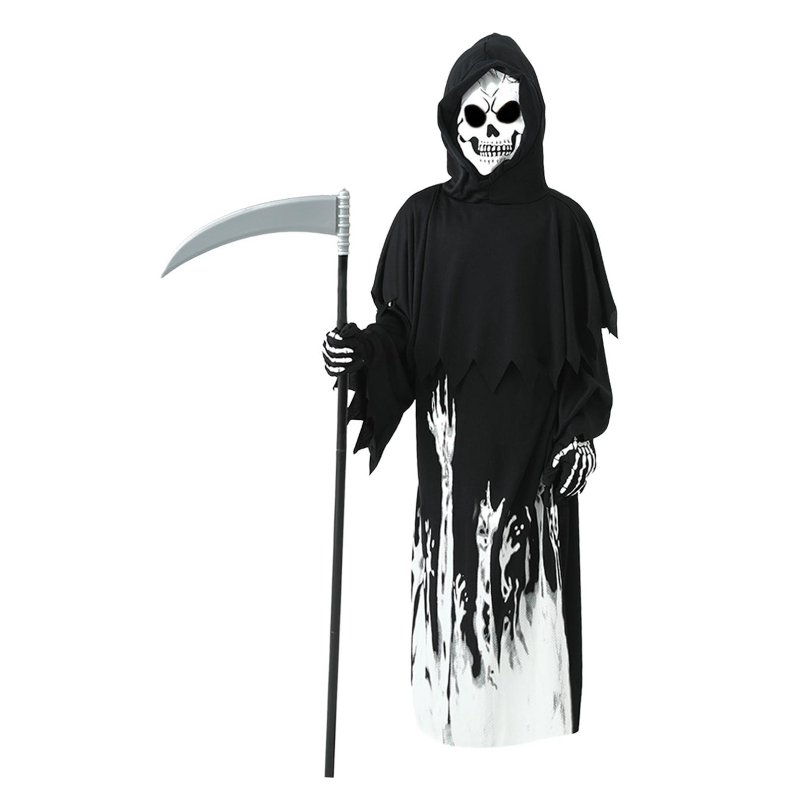 Grim Reaper Costume Set, Skeleton Outfit Hooded Cape Apparel, Cosplay Clothes Halloween Cosplay Decoration for Kids Performance Props Carnival