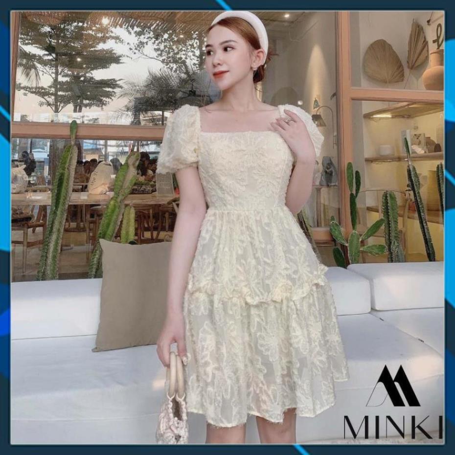 Váy Cổ Vuông Hở Lưng - 100% Lụa Lông Vũ Cao Cấp - 2 màu Xanh - Trắng - Đầm Xòe Tôn Dáng Dáng Yêu