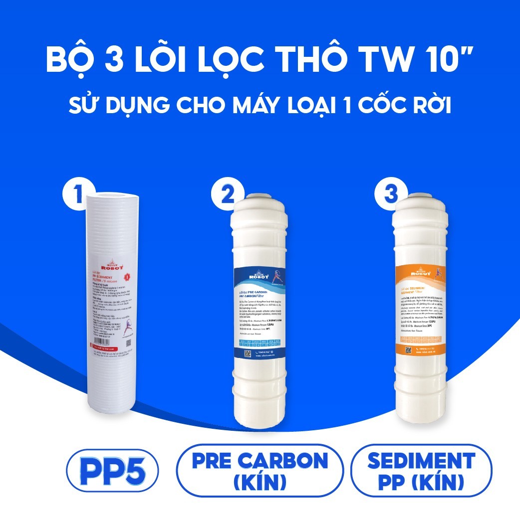 Bộ 3 lõi lọc thô Taiwan 10&quot; sử dụng cho máy loại 1 cốc rời: PP5 + Pre Carbon (kín) + Sediment PP (kín) (Hàng chính hãng)