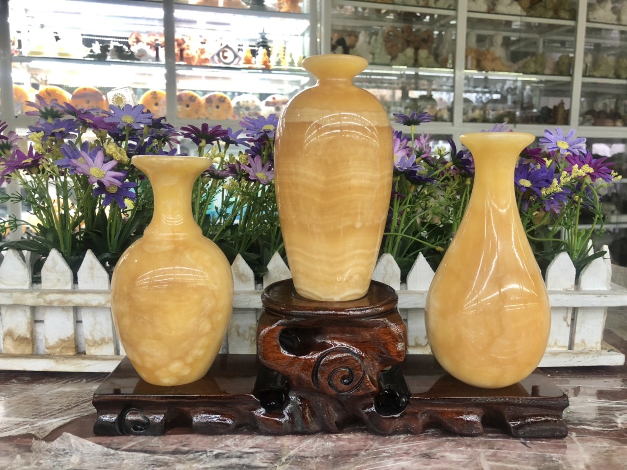 Bộ 3 bình phong thuỷ ( 1 lục bình, 1 mai bình, 1 hút lộc ) đá ngọc hoàng long đá ngọc hoàng long - Cao 14 cm