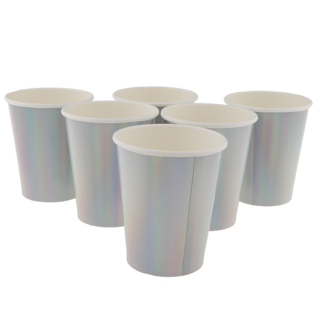 6 Iridescent Rainbow Silver Shiny Paper Cups Kids Birthday Tableware