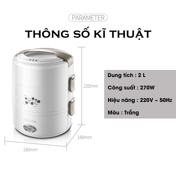 Hộp cơm điện hâm nóng Yoice, 3 khay inox 304 cao cấp , nấu được cơm canh - Hàng chính hãng