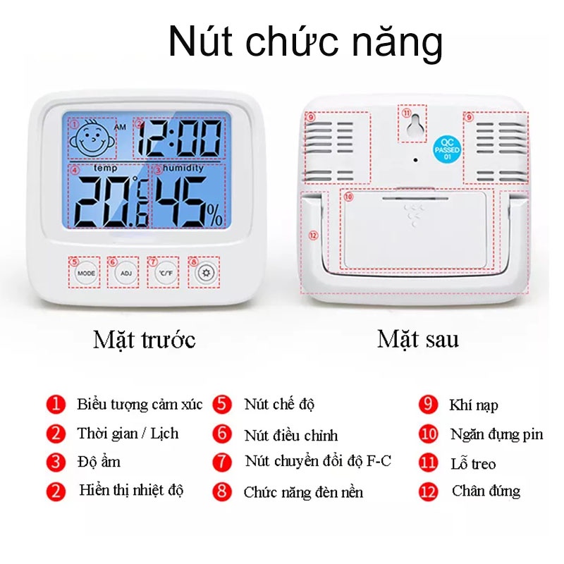 Nhiệt kế đo độ ẩm, máy đo nhiệt độ phòng cho bé - Nhiệt Ẩm Kế Điện Tử 3 Trong 1 - Thương hiệu RiBi - Hàng Chính Hãng