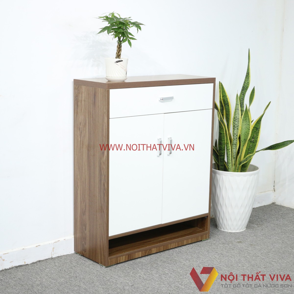 Tủ Giày Dép Gỗ MDF Melamine Màu Óc Chó Phối Trắng Đẹp Hiện Đại