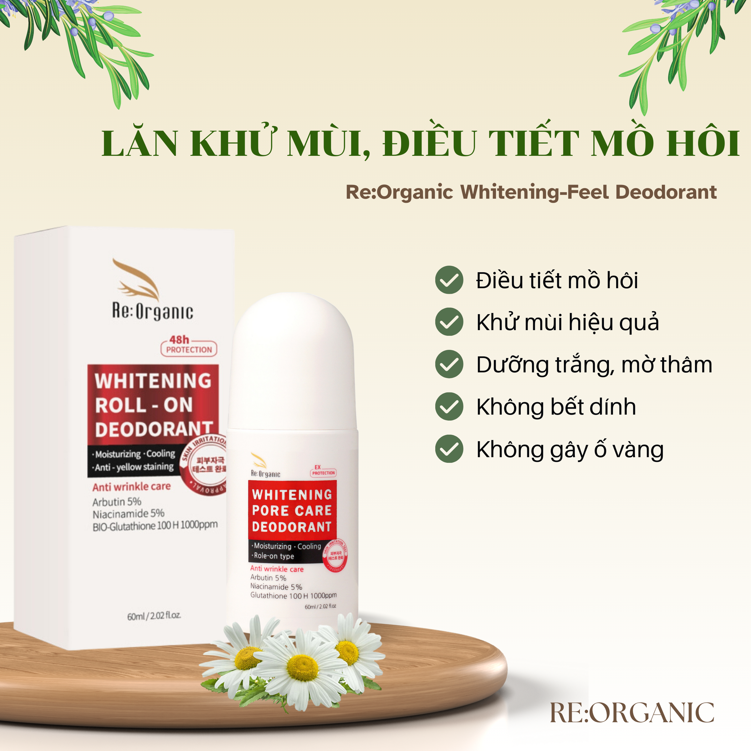 Lăn khử mùi hôi nách Re:Organic Whitening-Feel Deodorant Hàn Quốc 60ml, ức chế tiết mồ hôi dưỡng trắng mờ thâm không gây ố vàng nách áo