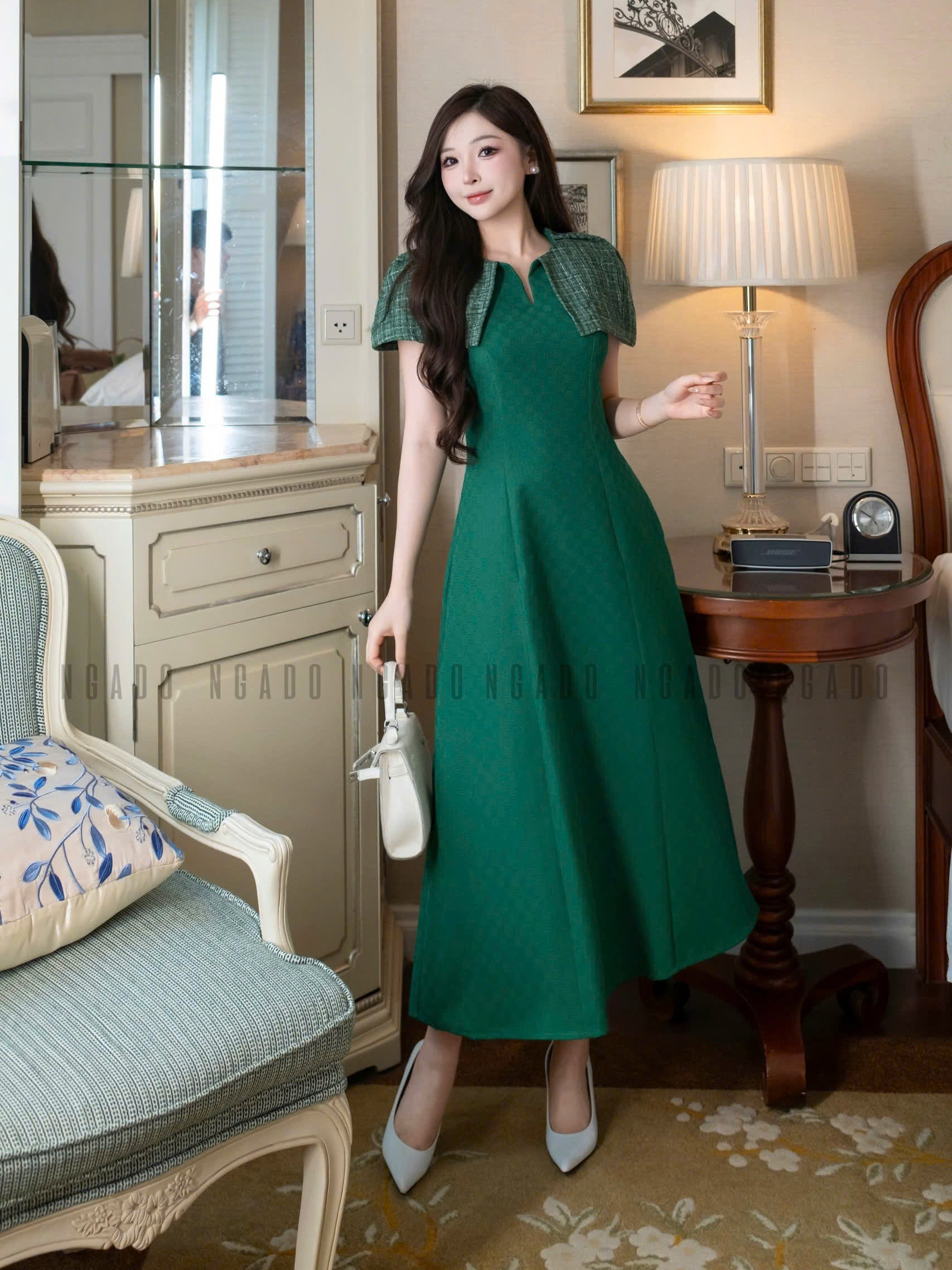 Đầm xanh lá phối tweed NGADO , đầm dự tiệc dáng dài , đầm thiết kế