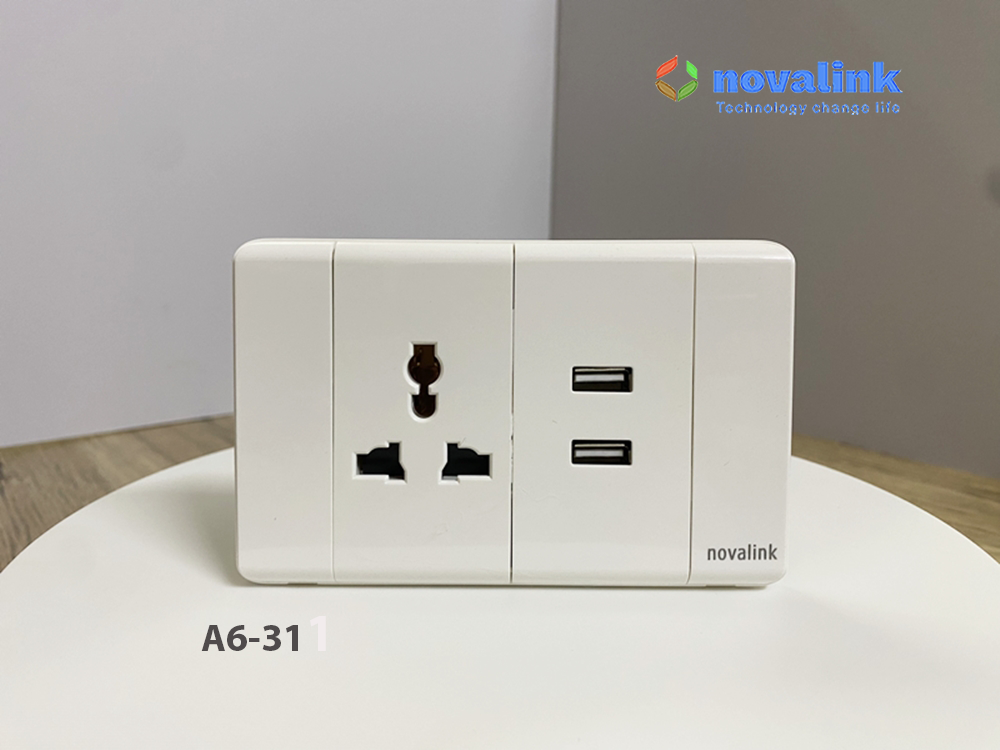 Ổ điện kèm 2 ổ USB 5V-2.1A âm tường A6-31 Novalink chính hãng. Đủ thuế VAT, COCQ