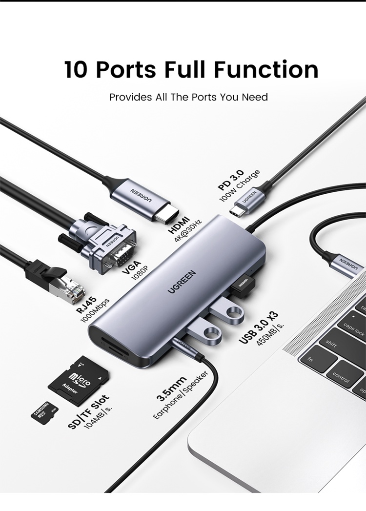 Ugreen Hub Chia Cổng USB 3.0 Sang Đầu Đọc Thẻ SD / TF 4K / HDMI VGA PD 3 Cổng USB 3.0 3.5mm Cho MacBook / Pro / Air / Type C ... hàng chính hãng