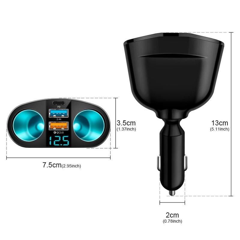 Bộ chia tẩu sạc nhanh ô tô 12/24V gồm cổng sạc nhanh usb trên oto gồm 2 nguồn tẩu, 2 cổng sạc 3.0 và Cổng Type C/PD