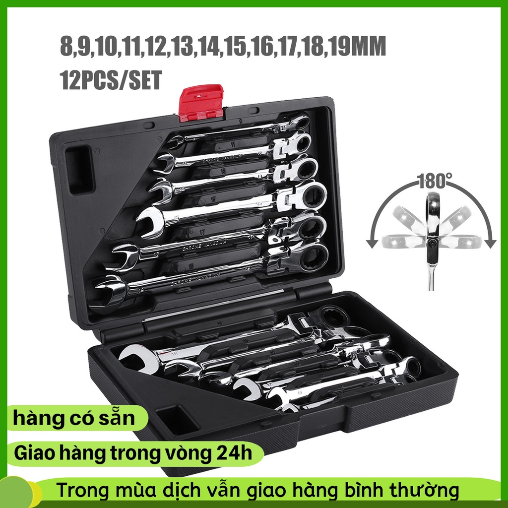 Bộ cờ lê vòng miệng tự xoay 6/12 chi tiết, 8-19mm Bộ cờ lê Ratchet