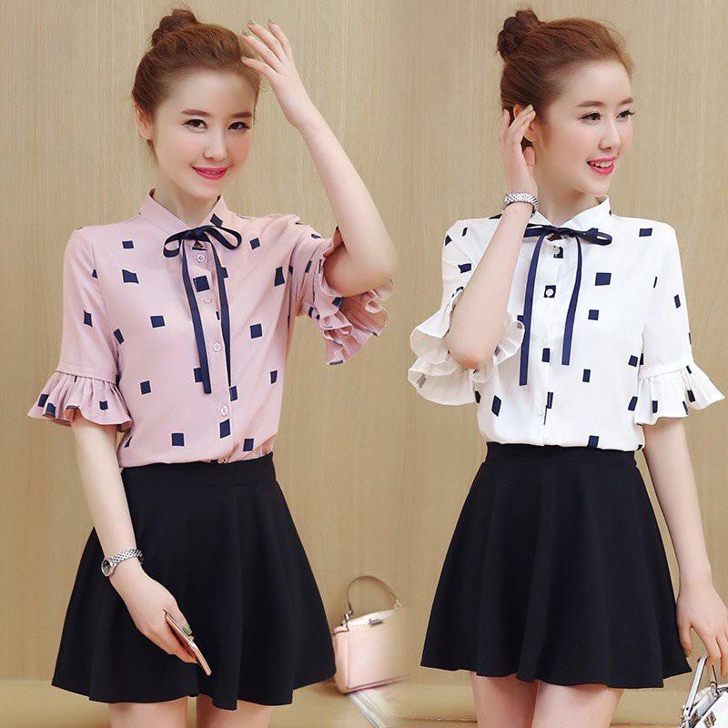 Áo sơ mi nữ cổ trụ nơ xinh xắn tay lỡ -áo sơ mi nữ tay điệu
