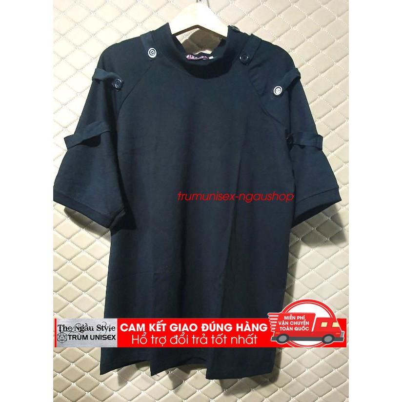 Áo thun Stee nam tay lỡ unisex form rộng overtee Nút áo trên vai màu trắng và đen chất vải cotton xịn Trumunisex