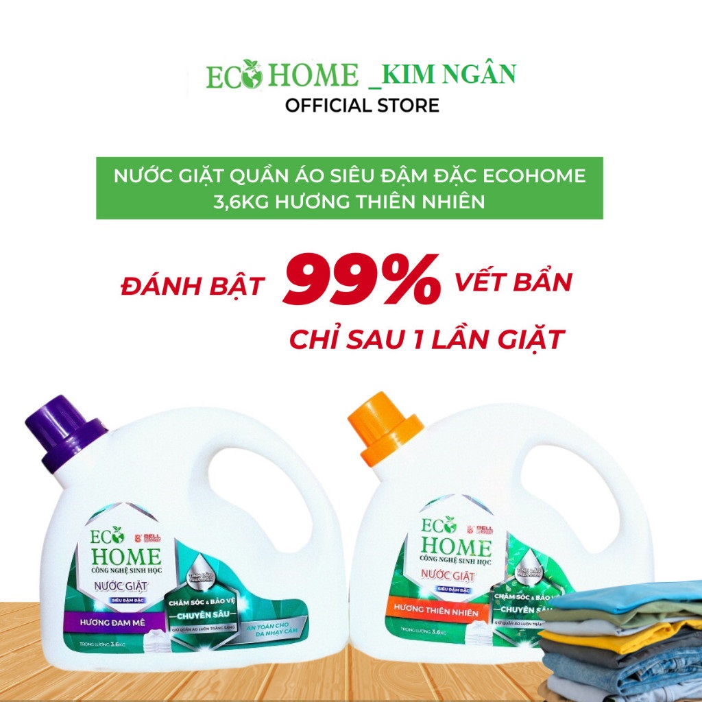 Nước Giặt Xả Quần Áo Công Nghệ Sinh Học ECOHOME Kim Ngân Store Hương Đam Mê Làm Sạch Quần Áo, An Toàn Cho Làn Da Bé