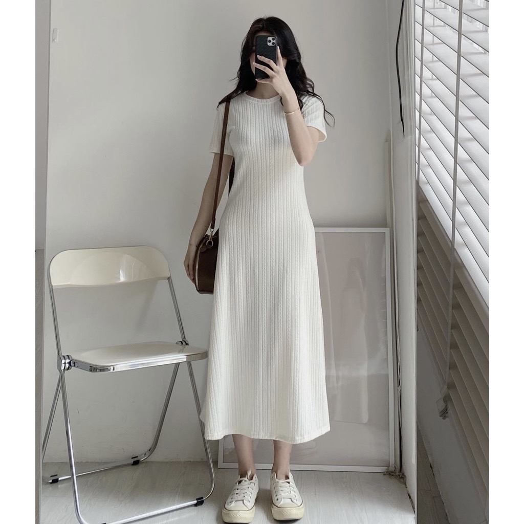 Vây thun len midi hoạ tiết xương cá váy thun basic