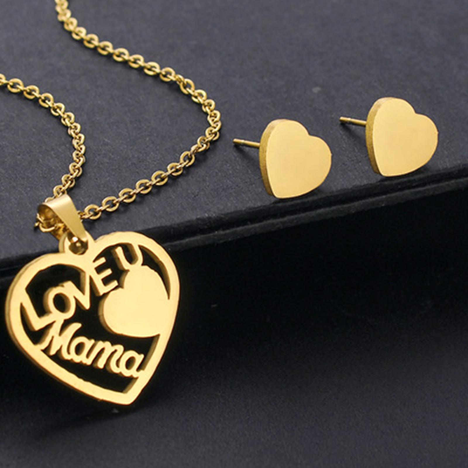 Love Mom Pendant with 2 Ear Stud Earrings Mother's Jewelry Stainless Steel