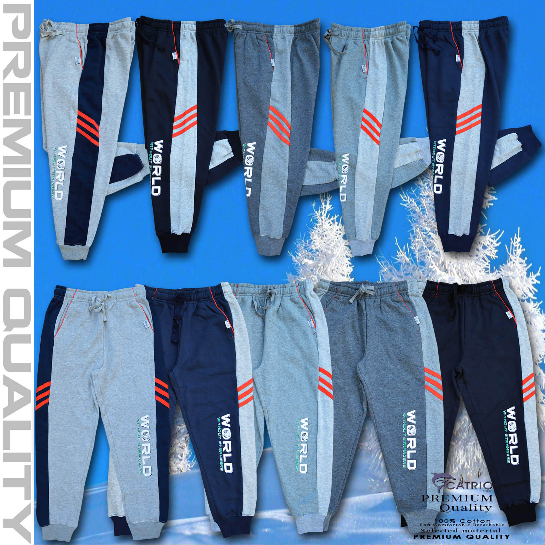 Quần dài bé trai vải 100% cotton PHỐI SƯỜN màu NAVY pha XÁM in WORLD là quần nỉ trẻ em CATRIO từ 9 tuổi đến 18 tuổi phù hợp thời tiết se lạnh mùa thu đông với kiểu dáng thể thao tuyệt đẹp