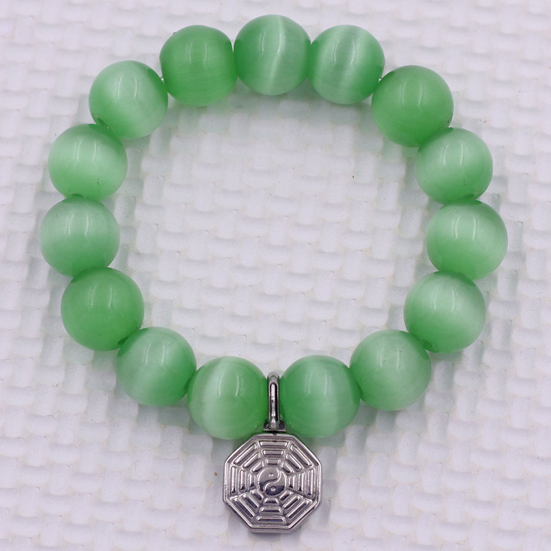 Vòng chuỗi đeo tay đá mắt mèo xanh lá charm bát quái inox, vòng tay hạt chuỗi, vòng chuỗi phong thủy, vòng tay nam nữ