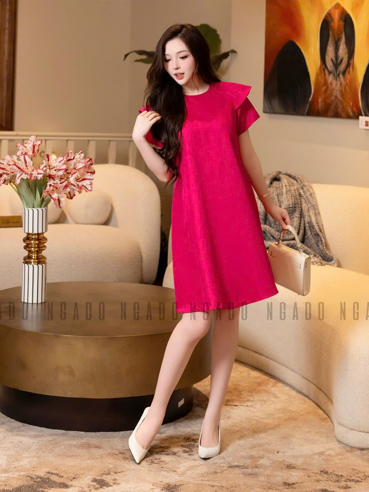 Đầm hồng sen cổ tròn NGADO , đầm dạo phố , đầm dự tiệc