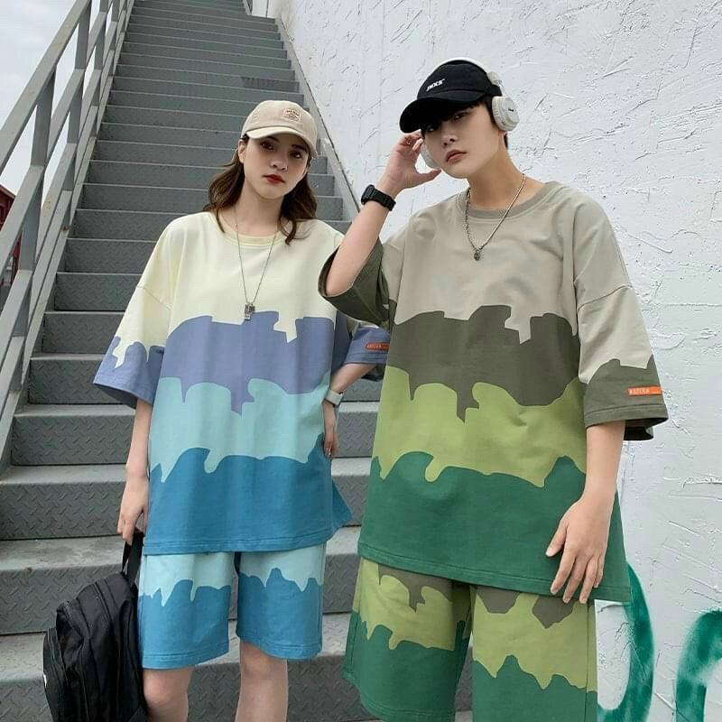 Sét đồ bộ mặc nhà chất thun thun cotton in 3D loang màu nam nữ freesize từ