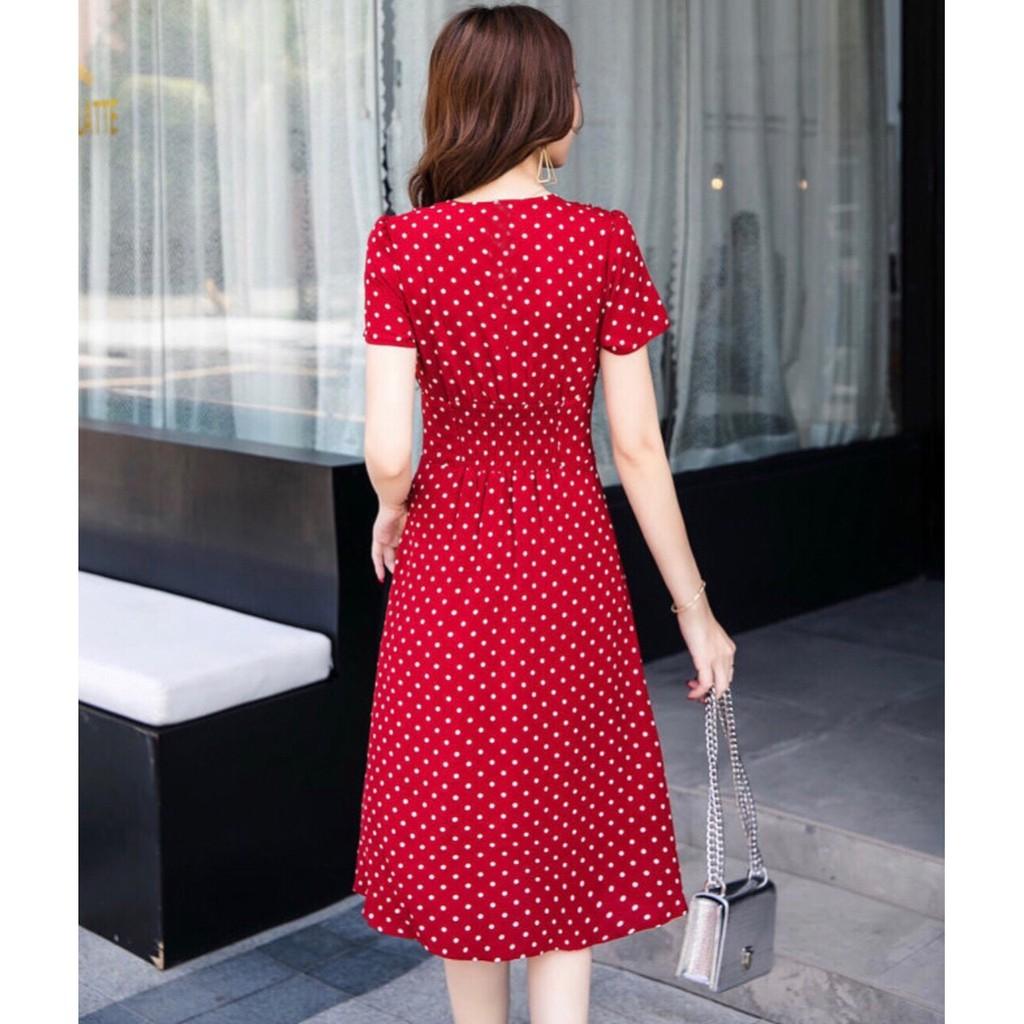 Đầm chấm bi đỏ bo eo nút bọc form dài