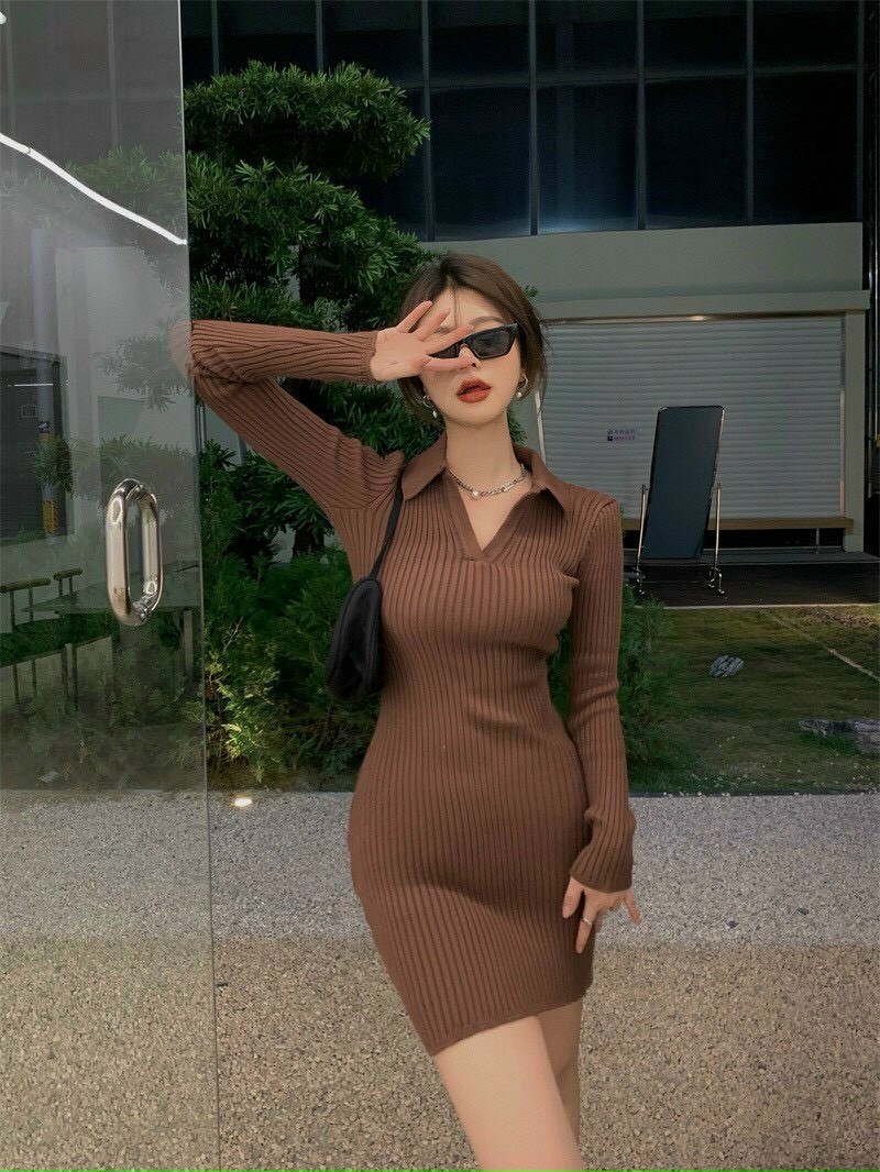 ĐẦM BODY NỮ S008, TAY DÀI, CÓ CỔ, VẢI THUN BORIP