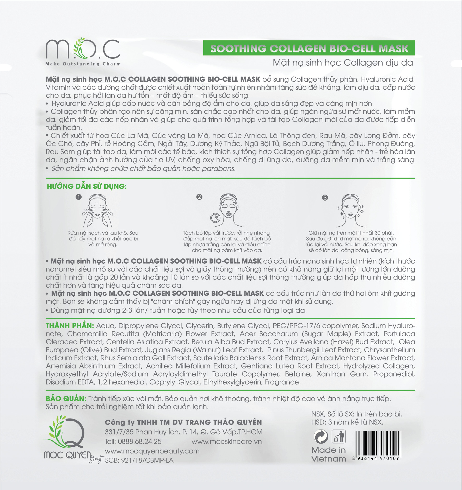 Miếng Mặt Nạ Collagen Dịu Da M.O.C - Nuôi da bóng khỏe, căng mượt & săn chắc. Lý tưởng cho da mụn, da nhiễm Corticoid, da khô, da sau phi/lăn kim