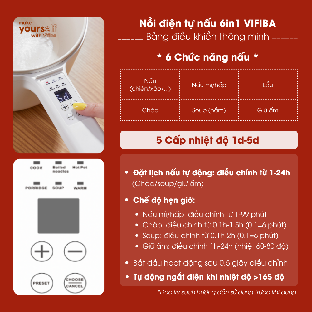 Nồi hấp điện 2 tầng đa năng 6in1 Hàng Chính Hãng VIFIBA 5 cấp độ, chống dính tay cầm dài - Nấu, Chiên, Xào, Hấp, Lẩu , Cháo,...