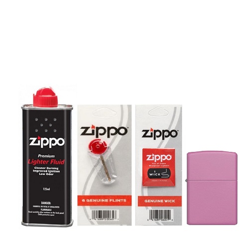 Combo 4 sản phẩm : Bật lửa Zipp Classic Matte Pink 238+Xăng+Đá+Bấc