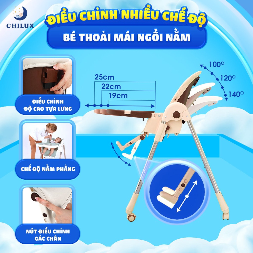 Ghế ăn dặm cho bé Chilux - Có thể gấp gọn - Bàn ăn rộng, Nhiều nấc điều chỉnh độ cao ghế