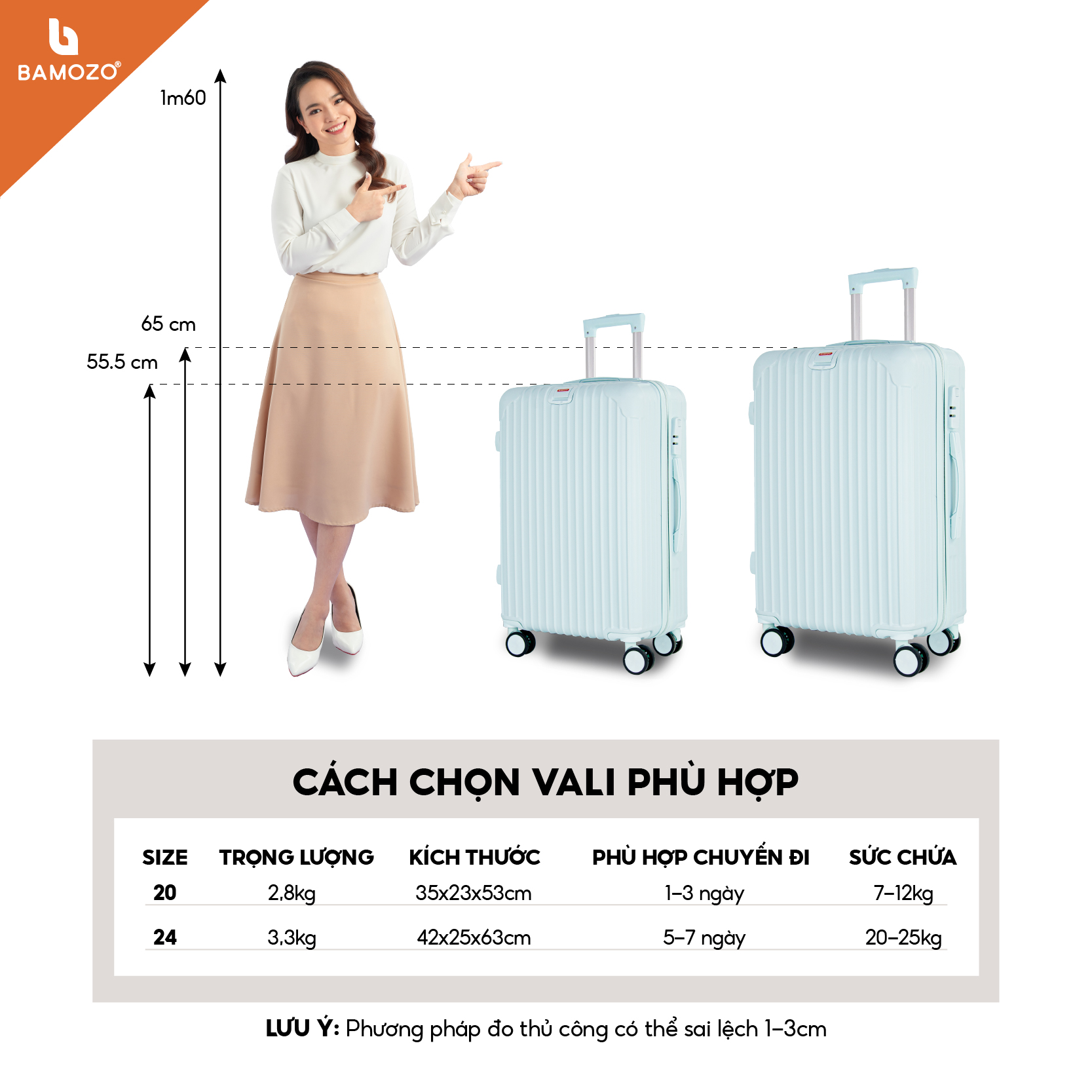 Hình ảnh Vali du lịch BAMOZO 8801 MÀU XANH NGỌC size 20/24, vali kéo nhựa được bảo hành 5 năm.