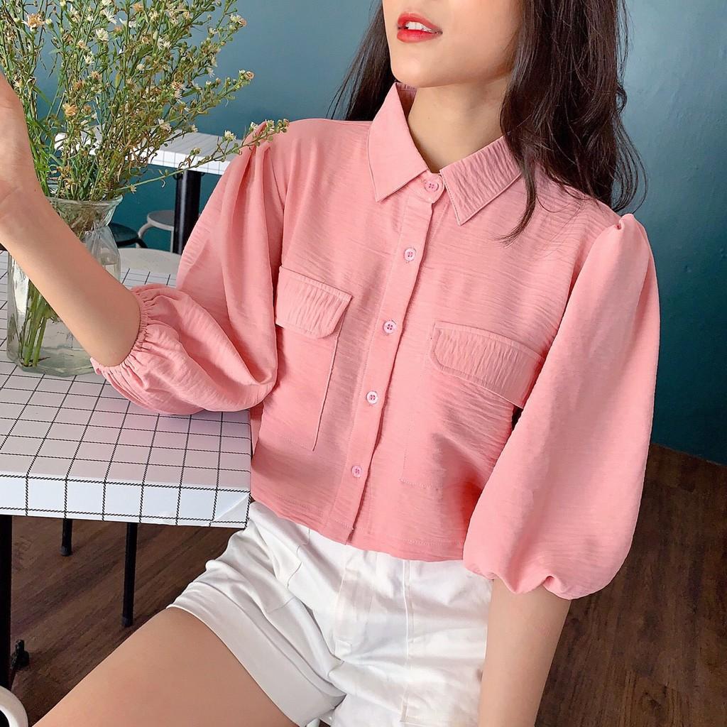 ÁO SƠ MI CROPTOP TÚI NẮP