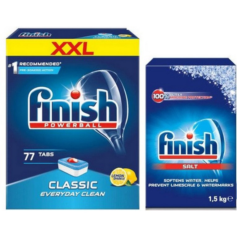 combo Muối rửa bát Finish 1,5kg+Viên rửa chén bát Finish 77 viên dùng cho máy rửa bát