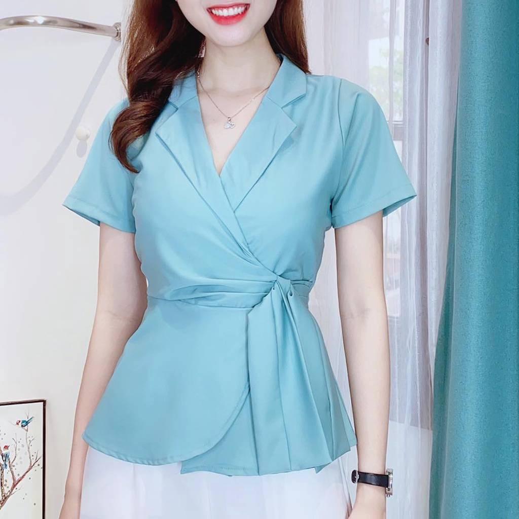 [L2M] Áo sơ mi kiểu nữ peplum CỔ VEST có dây cột nơ eo và chun lưng giấu bụng hiệu quả
