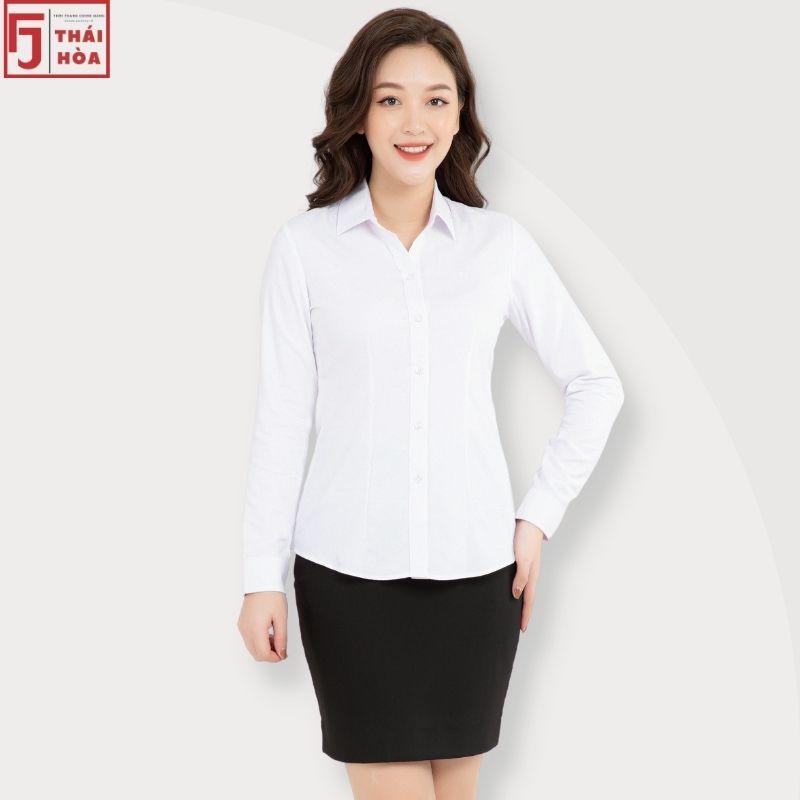 Áo sơ mi nữ Thái Hoà công sở đẹp kẻ tăm caro cao cấp màu trắng cotton 631-30-01