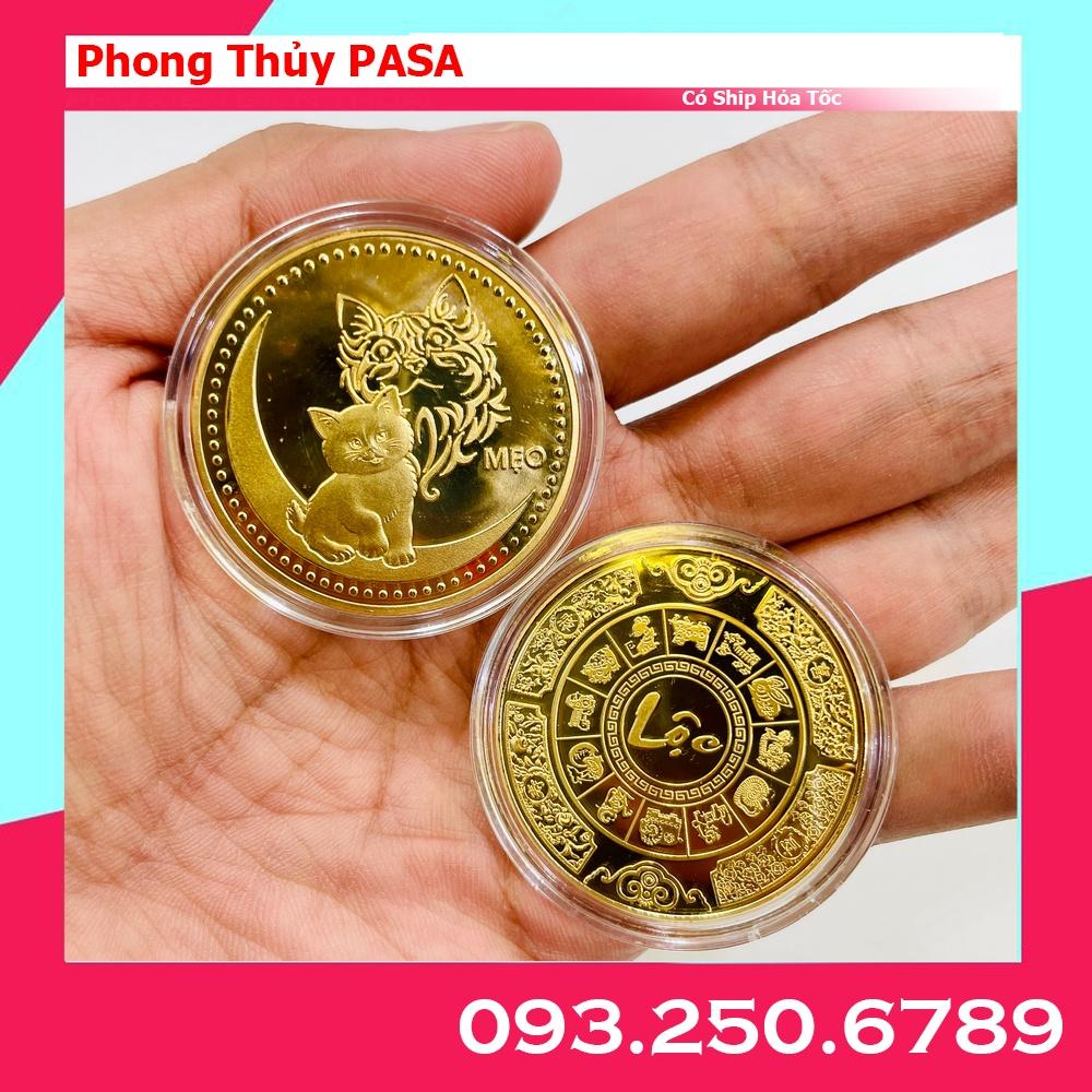 Đồng tiền xu hình con Mèo bằng kim loại vàng + tặng kèm túi gấm đỏ PHÚC - PASA COLLECTION