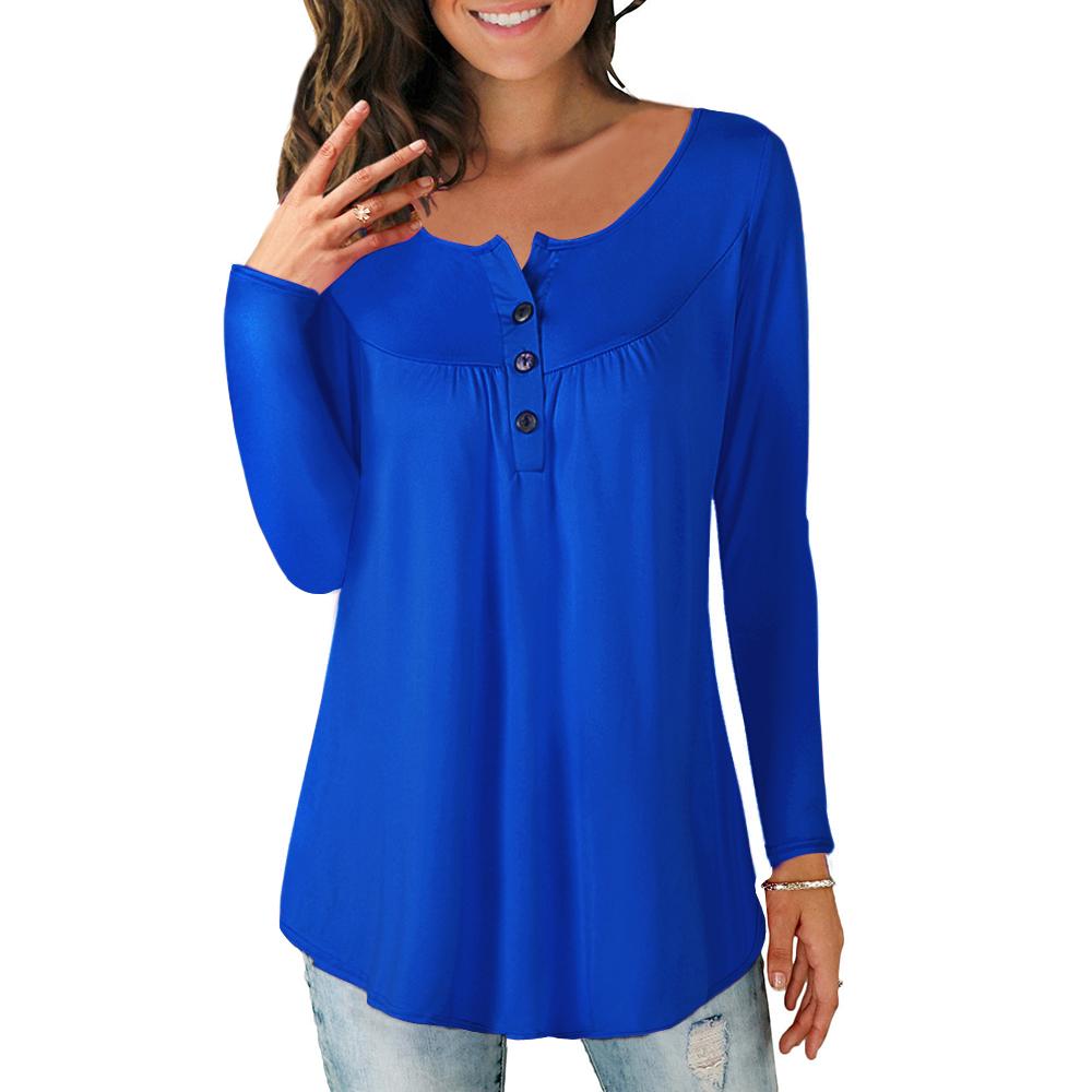 Women Plus Size T-shirt Long Sleeves Buttons Pleated Solid Blouse Casual Tops M-5XL for Lounging Streets Holiday