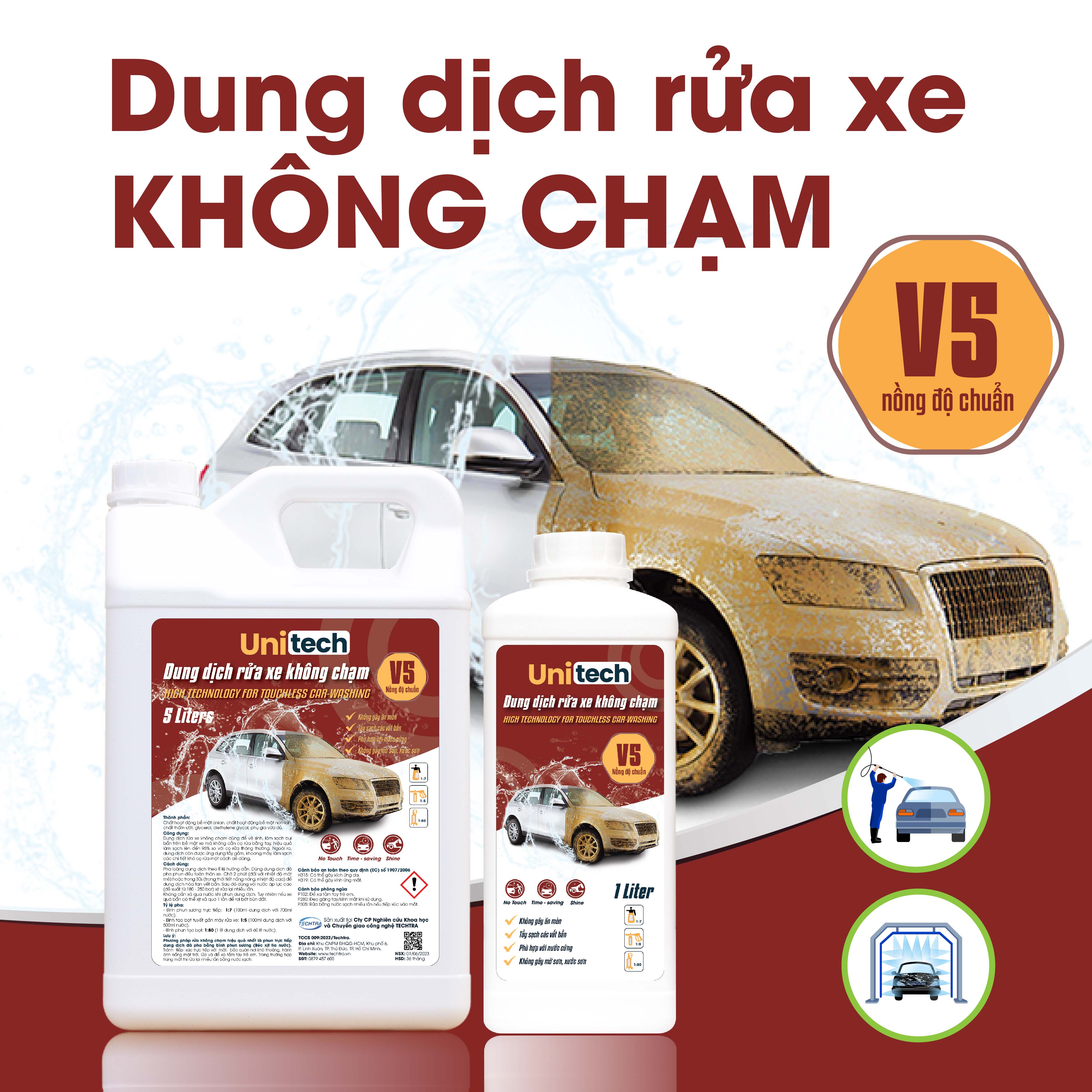 Nước rửa xe không chạm Unitech V5 | Xà phòng rửa xe ô tô, xe máy siêu sạch, bảo vệ màu sơn xe