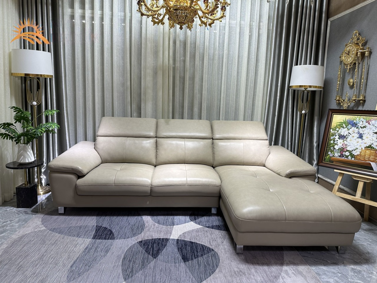 Sofa góc L da bò Italy Juno sofa màu kem – SFLCT10 2m6 x 1m6  hàng cao cấp chuẩn da bò nhập khẩu Ý