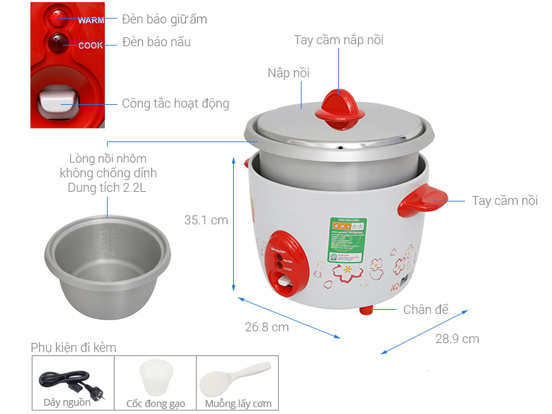 Nồi cơm nắp rời Sharp 2.2 lít KSH-D22V, Công suất 800W, Giao màu ngẫu nhiên - Hàng chính hãng
