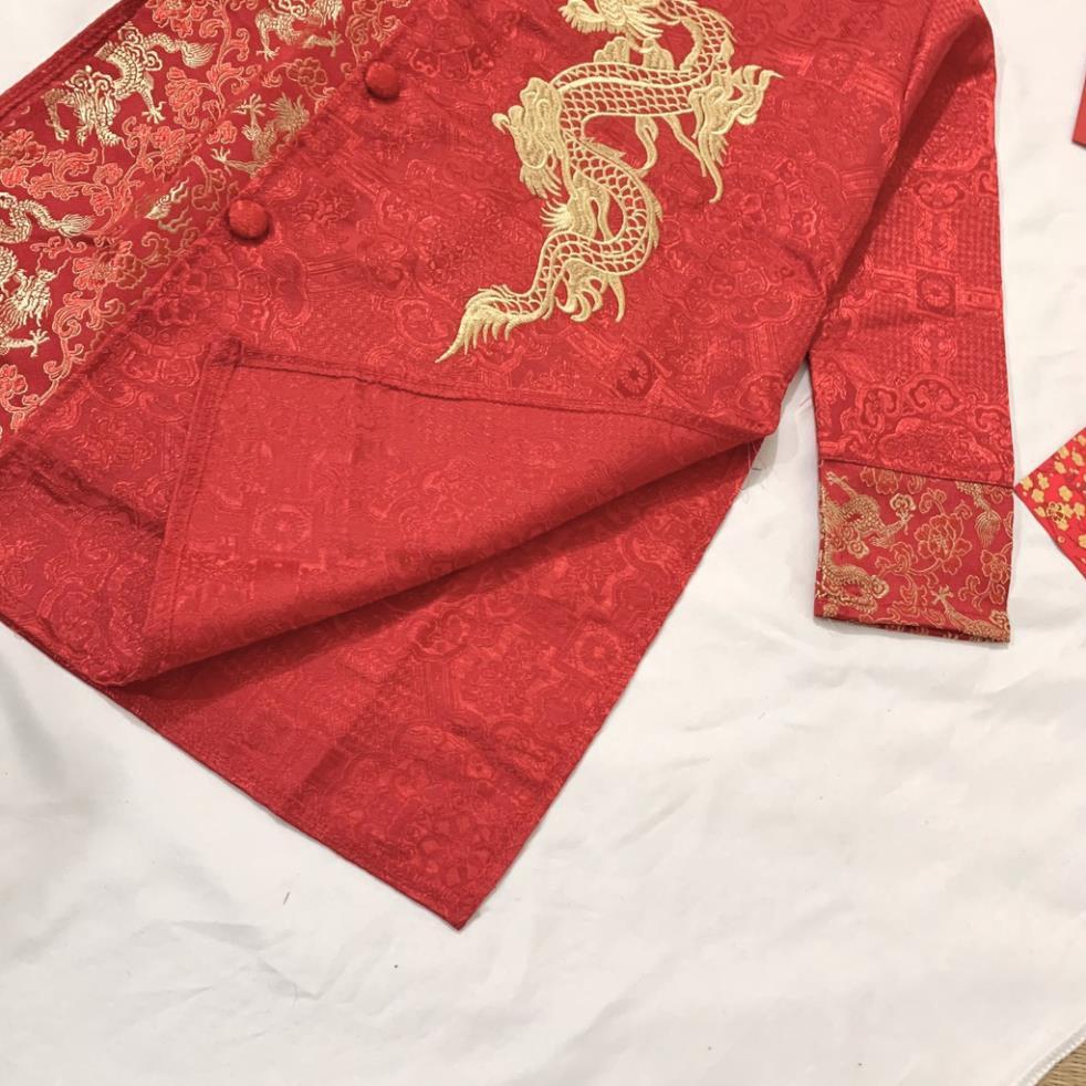 Áo Dài Cách Tân, Vải Gấm Hình Rồng Cho Bé Trai Diện Tết