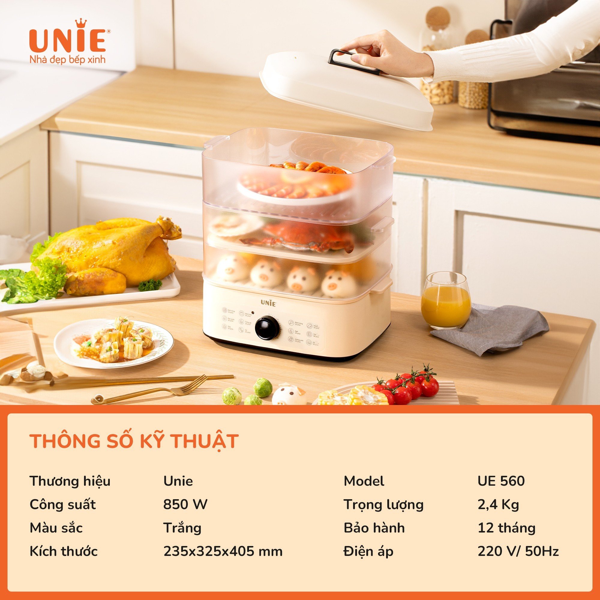 Nồi hấp 3 tầng UNIE UE560,dung tích 18l,công suất 850w,12 tính năng siêu tiện lợn,thiết kế trang nhã cao cấp,dễ vệ sinh- HÀNG CHÍNH HÃNG